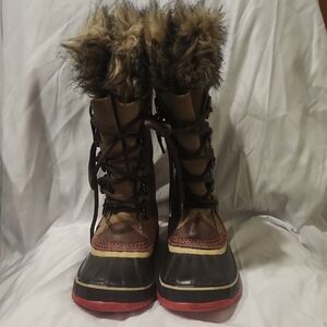 Sorel  Joan Of Artic Brown and Red Fur-Lined WaterproofWinter Boots